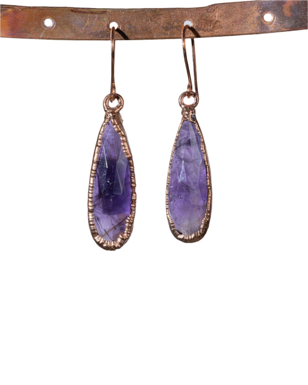 Amethyst Dangle Earrings — Faceted Stone — Electroformed Copper