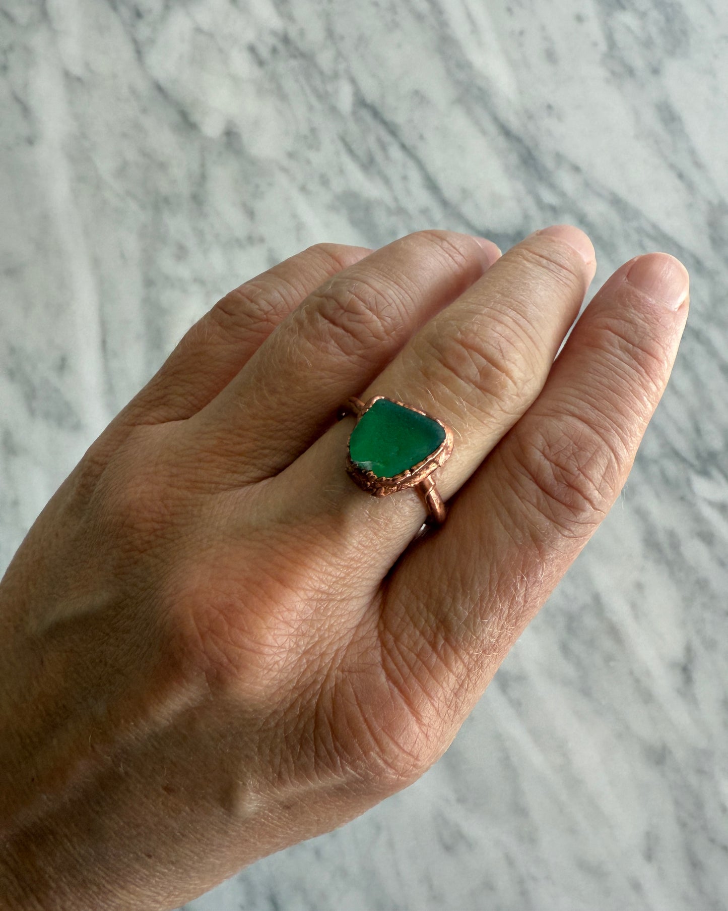 Emerald Green Sea Glass Ring in Copper sz 7