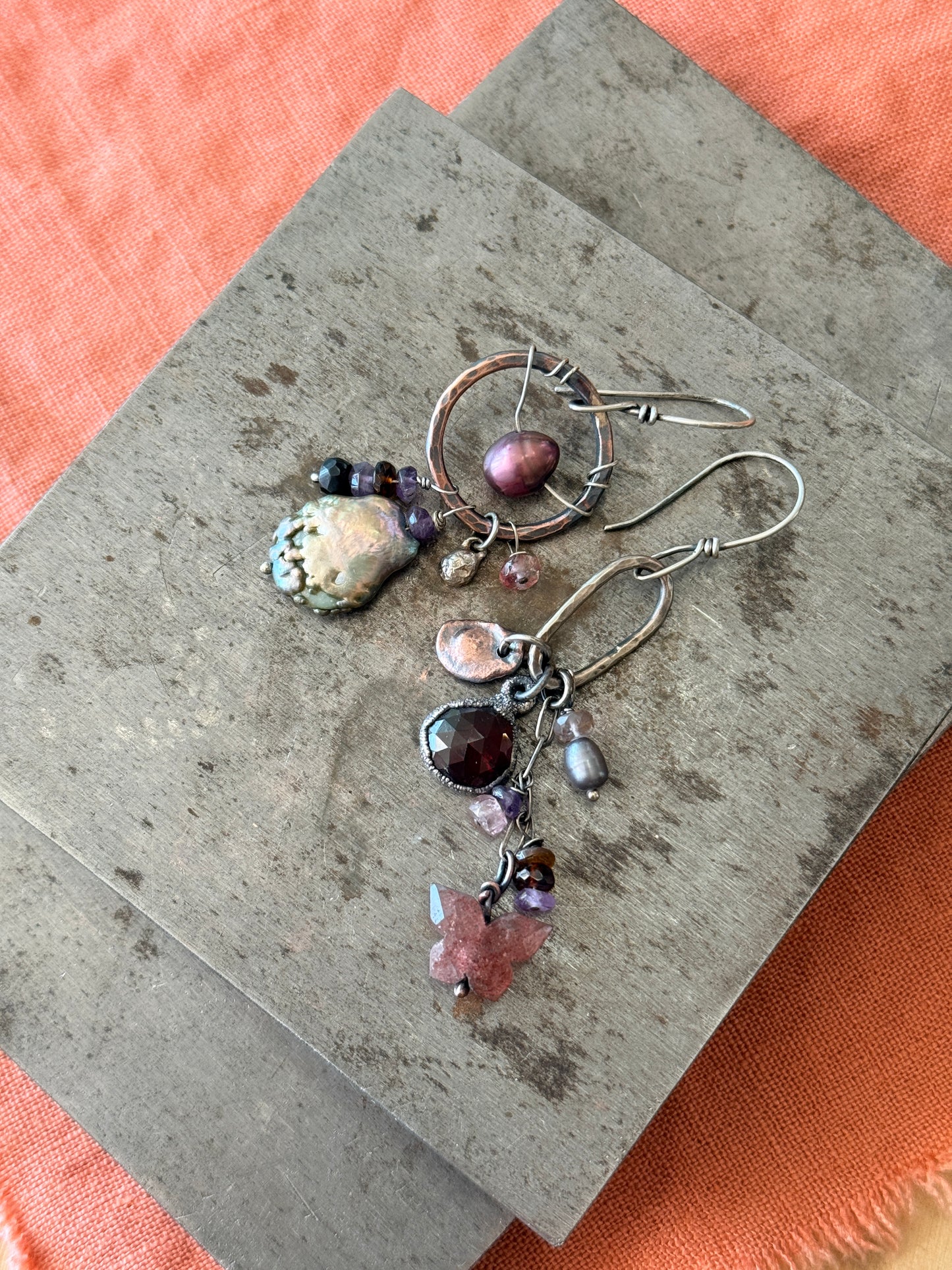 Mismatched Pink & Purple Earrings — Sterling Silver with Copper Accents
