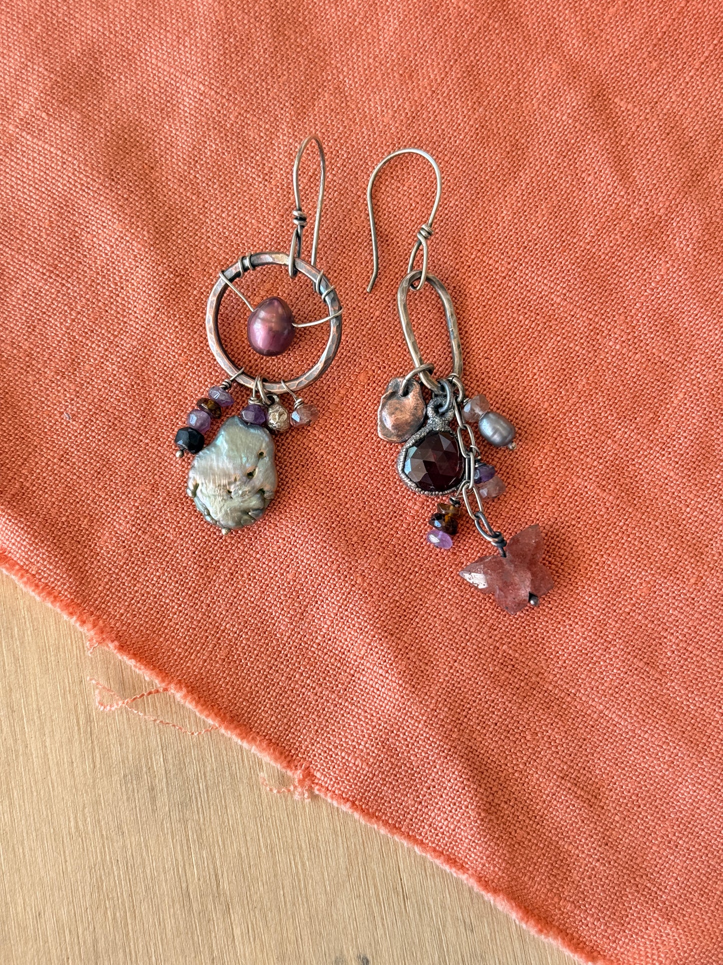 Mismatched Pink & Purple Earrings — Sterling Silver with Copper Accents