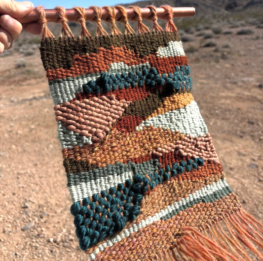 Handwoven Wool & Cotton Wall Hanging — Rust, Blue & Mustard | Artisan Textile Art