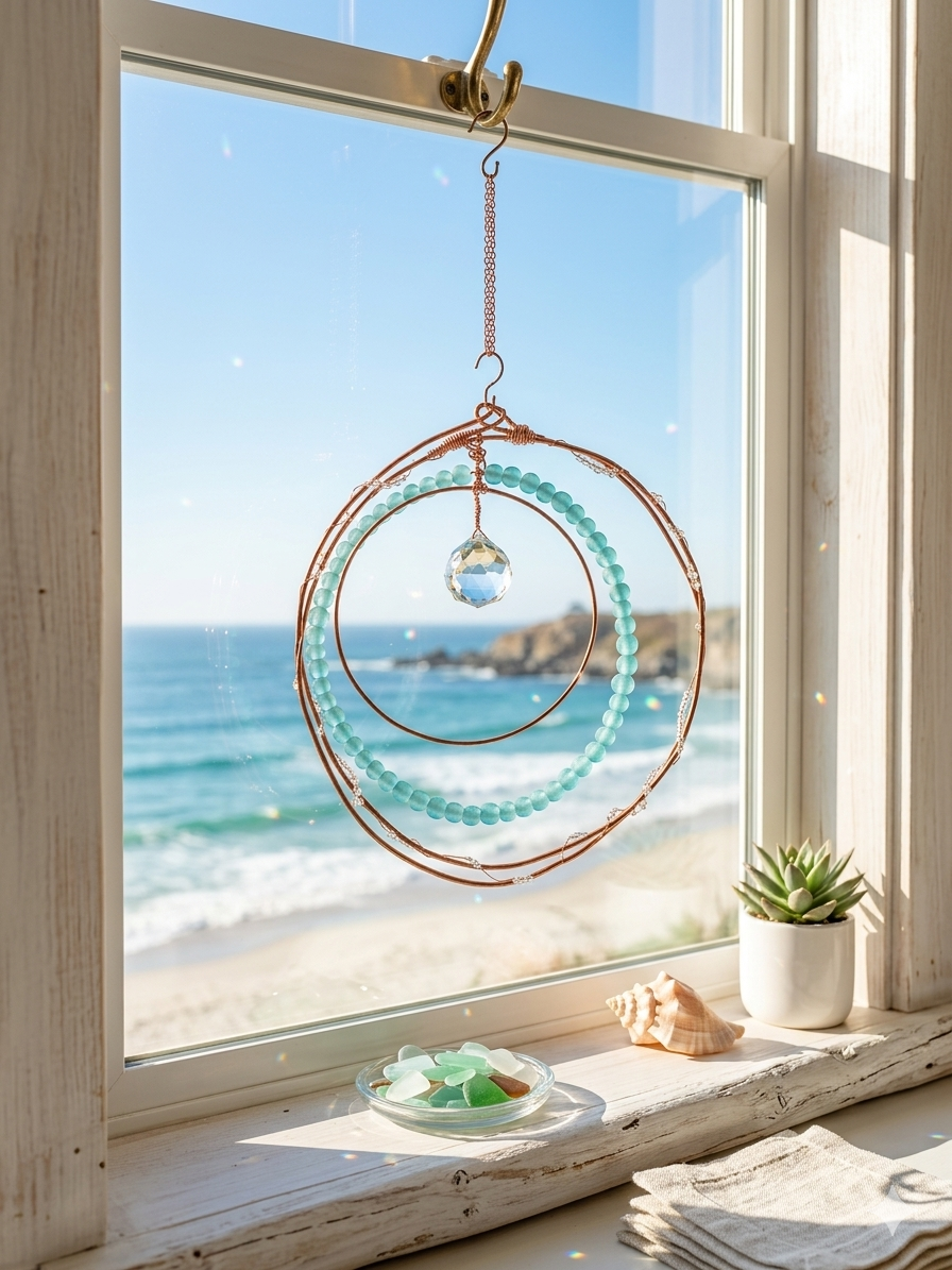 Sea Glass–Inspired Sun Catcher — Copper Wire & Glass Beads