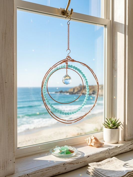 Sea Glass–Inspired Sun Catcher — Copper Wire & Glass Beads