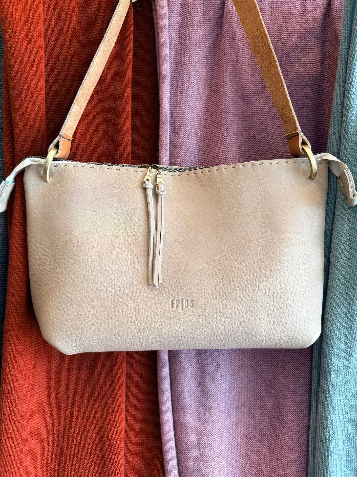 Taupe leather satchel by Fresh Pineapple Design Studios — turquoise stitching handcrafted leather bag