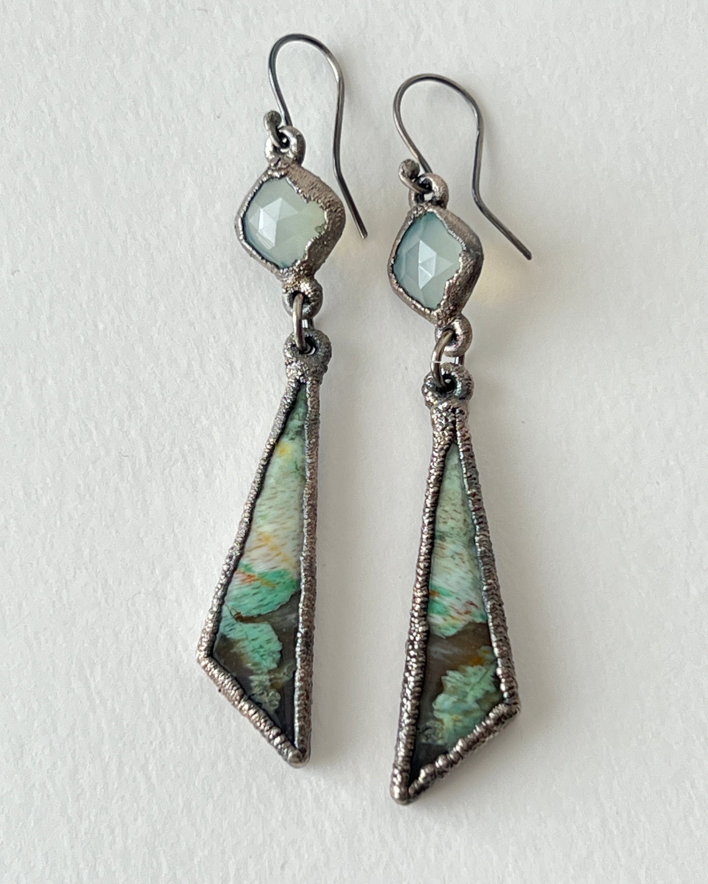 Opal Wood Earrings in Silver with Chalcedony