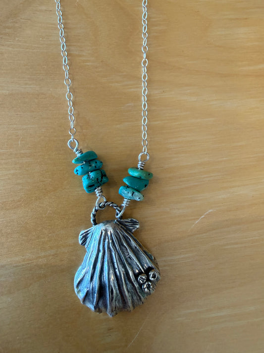 Silver Scallop and Turquoise Necklace