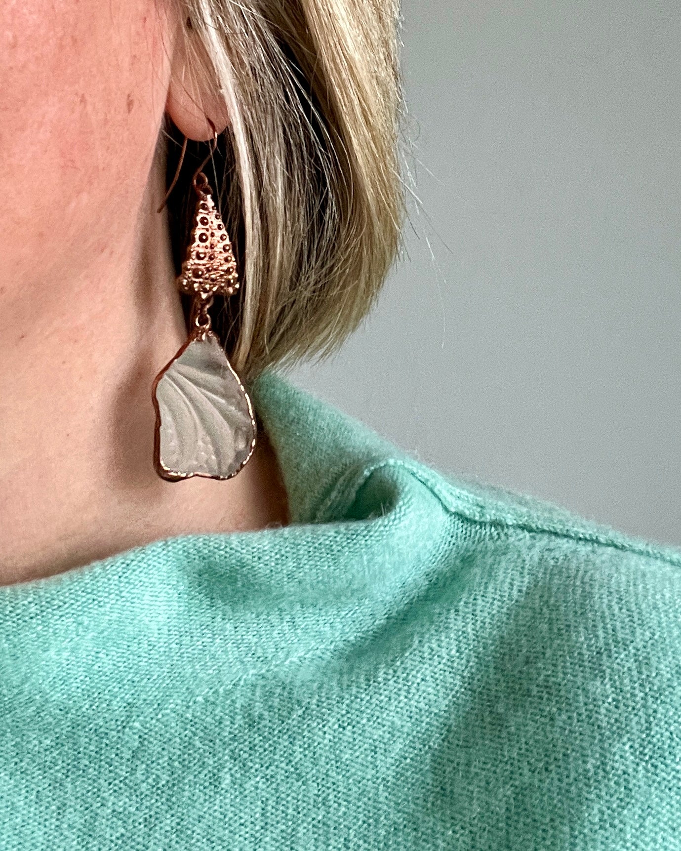 Real Shell & Sea Glass Statement Earrings — Electroformed Copper — Portugal Beach Find