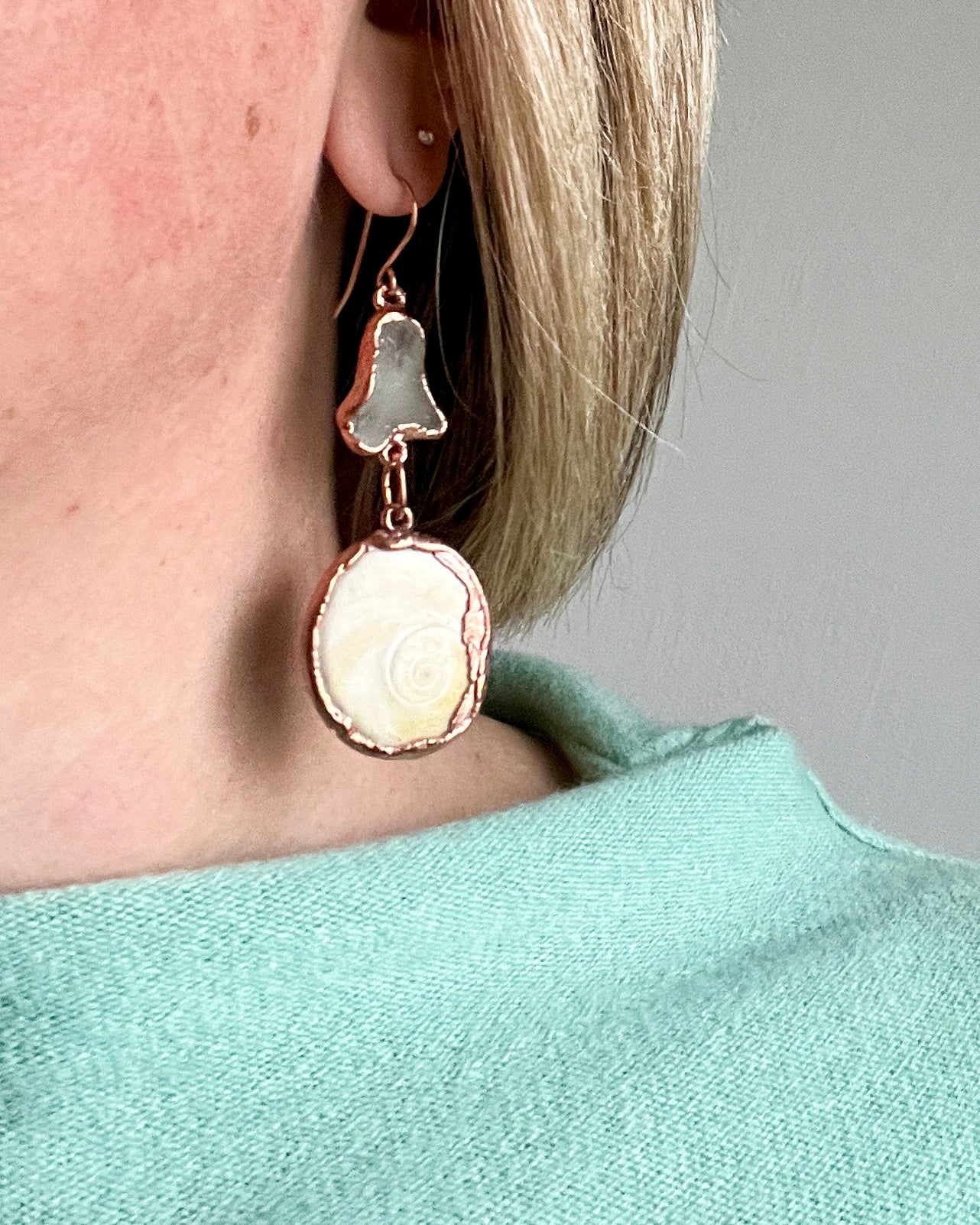 Real Shell & Sea Glass Statement Earrings — Electroformed Copper — Portugal Beach Find