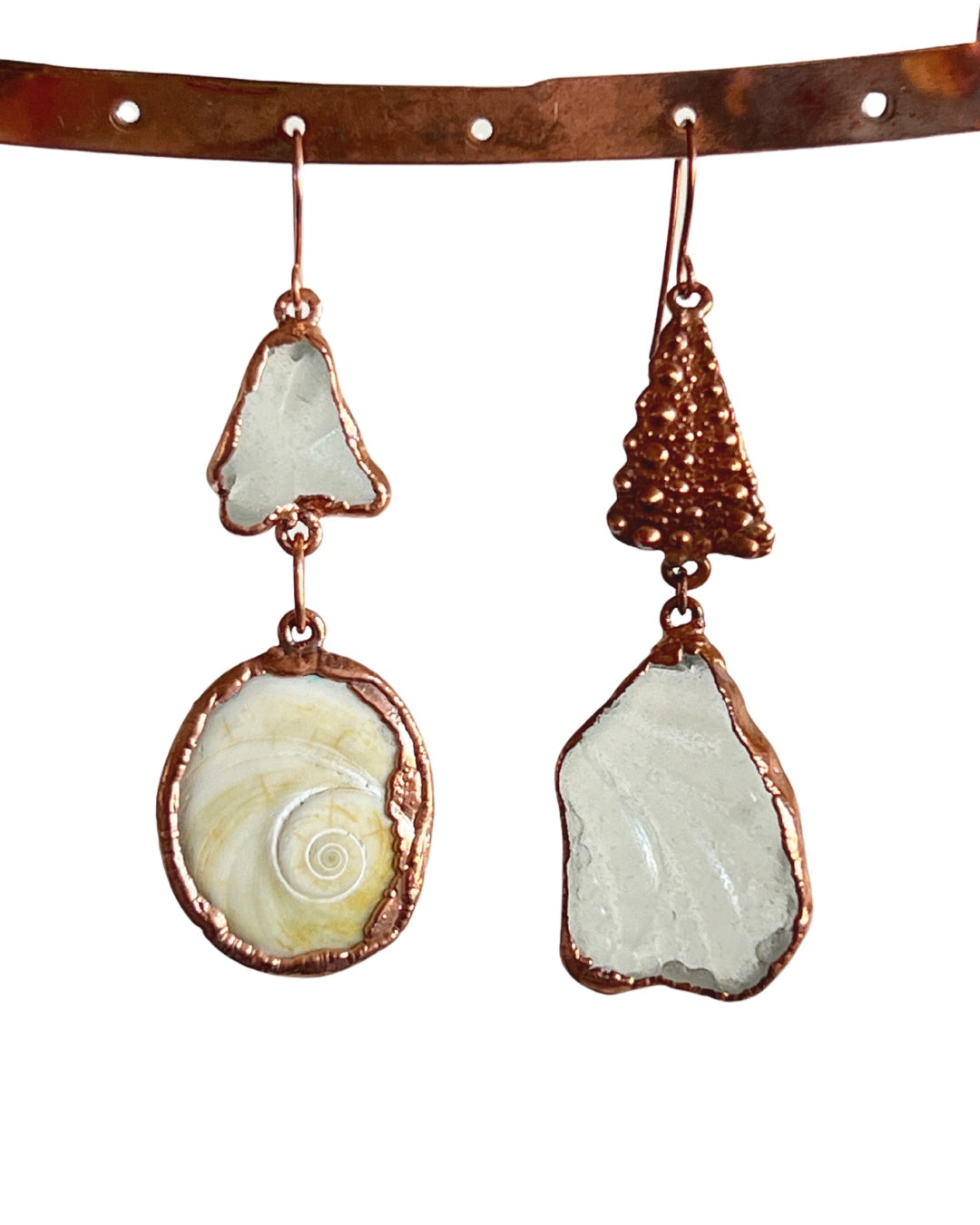 Real Shell & Sea Glass Statement Earrings — Electroformed Copper — Portugal Beach Find