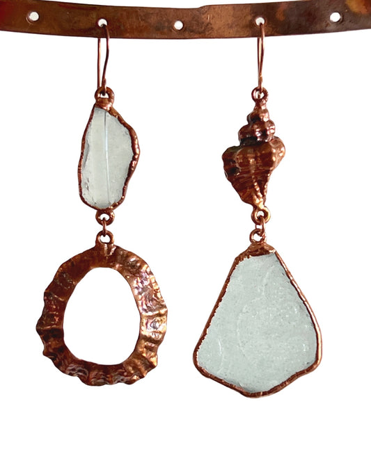 Sea Glass and Shell Mismatched Earrings