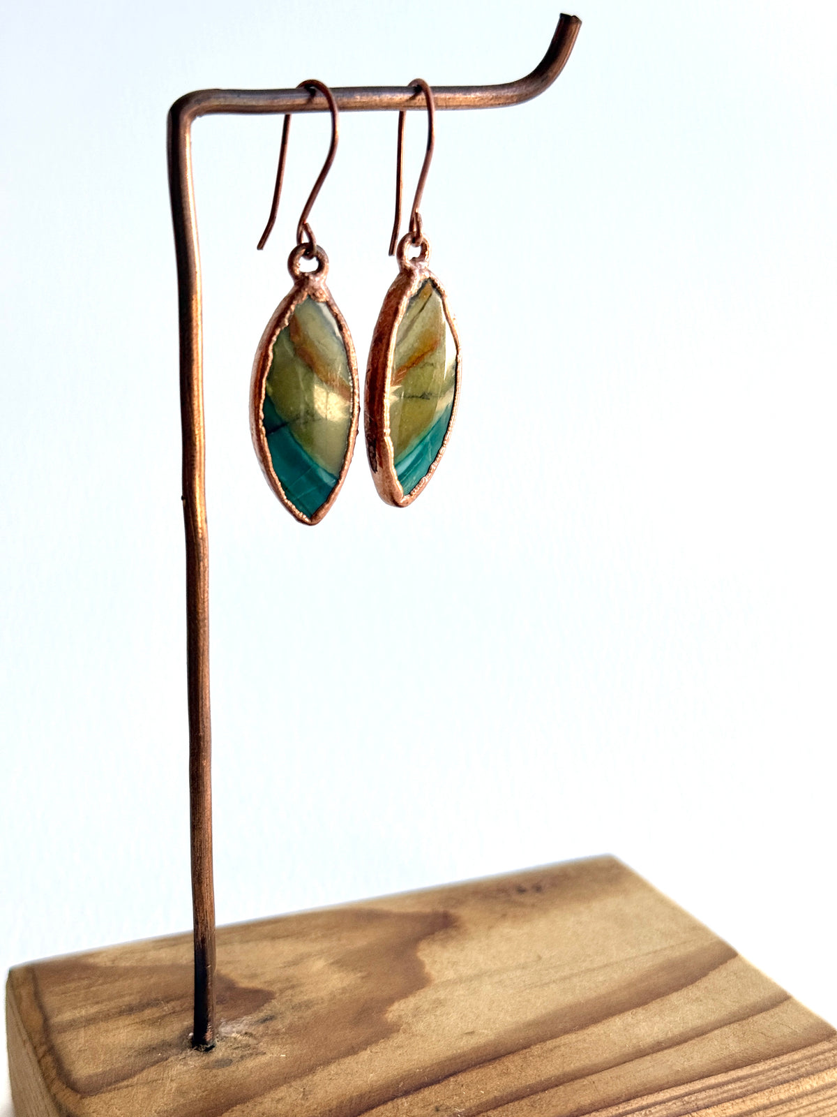 Olive Green and Turquoise Opal Wood Earrings