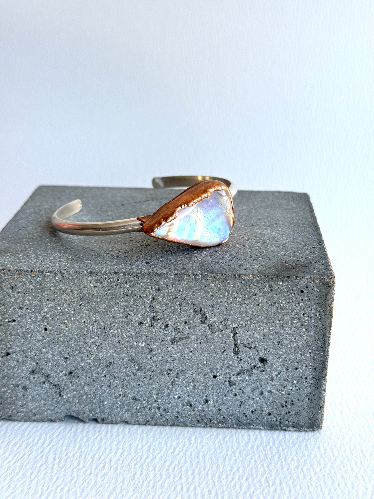 Rainbow Moonstone Copper and Silver Cuff Bracelet