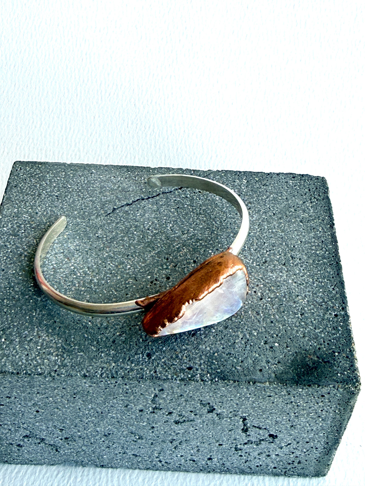 Rainbow Moonstone Copper and Silver Cuff Bracelet