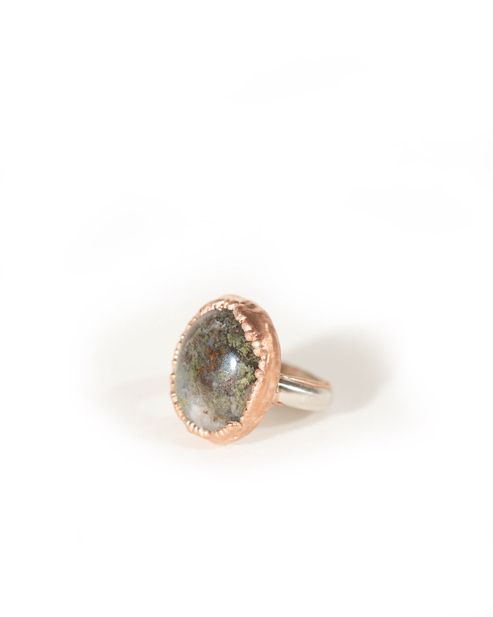 Moss Agate Ring in Copper with Silver Band Size 7