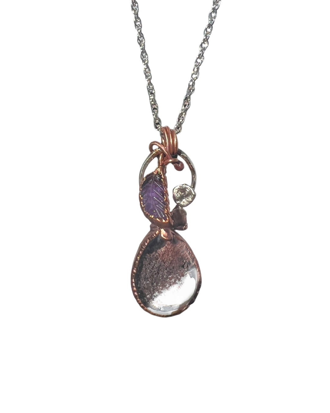 Garden Quartz & Amethyst Leaf Necklace — Copper & Silver