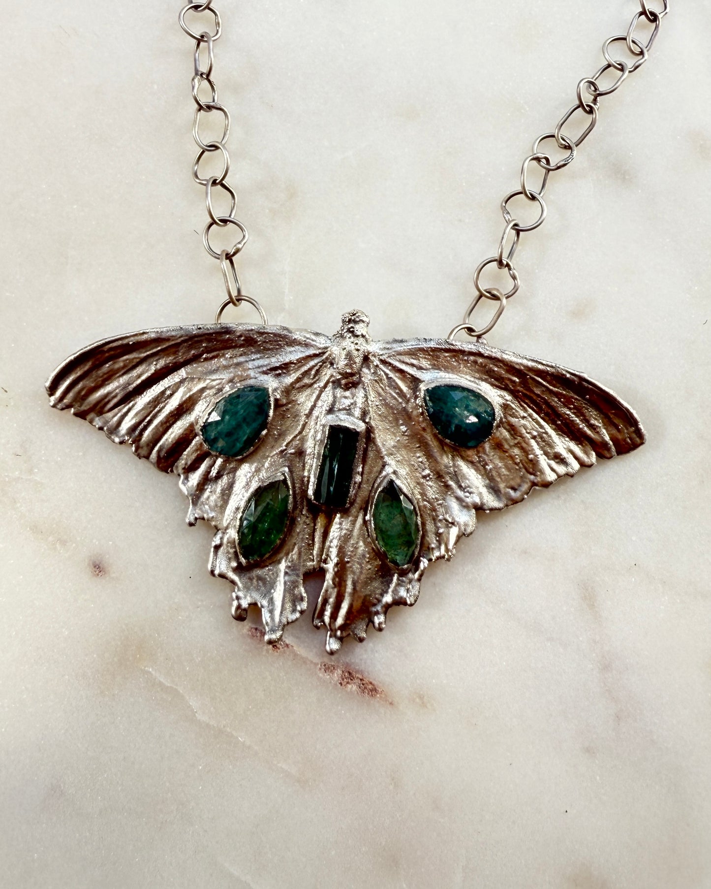 Large Butterfly Necklace — Real Butterfly Electroformed in Silver — Tourmaline & Kyanite