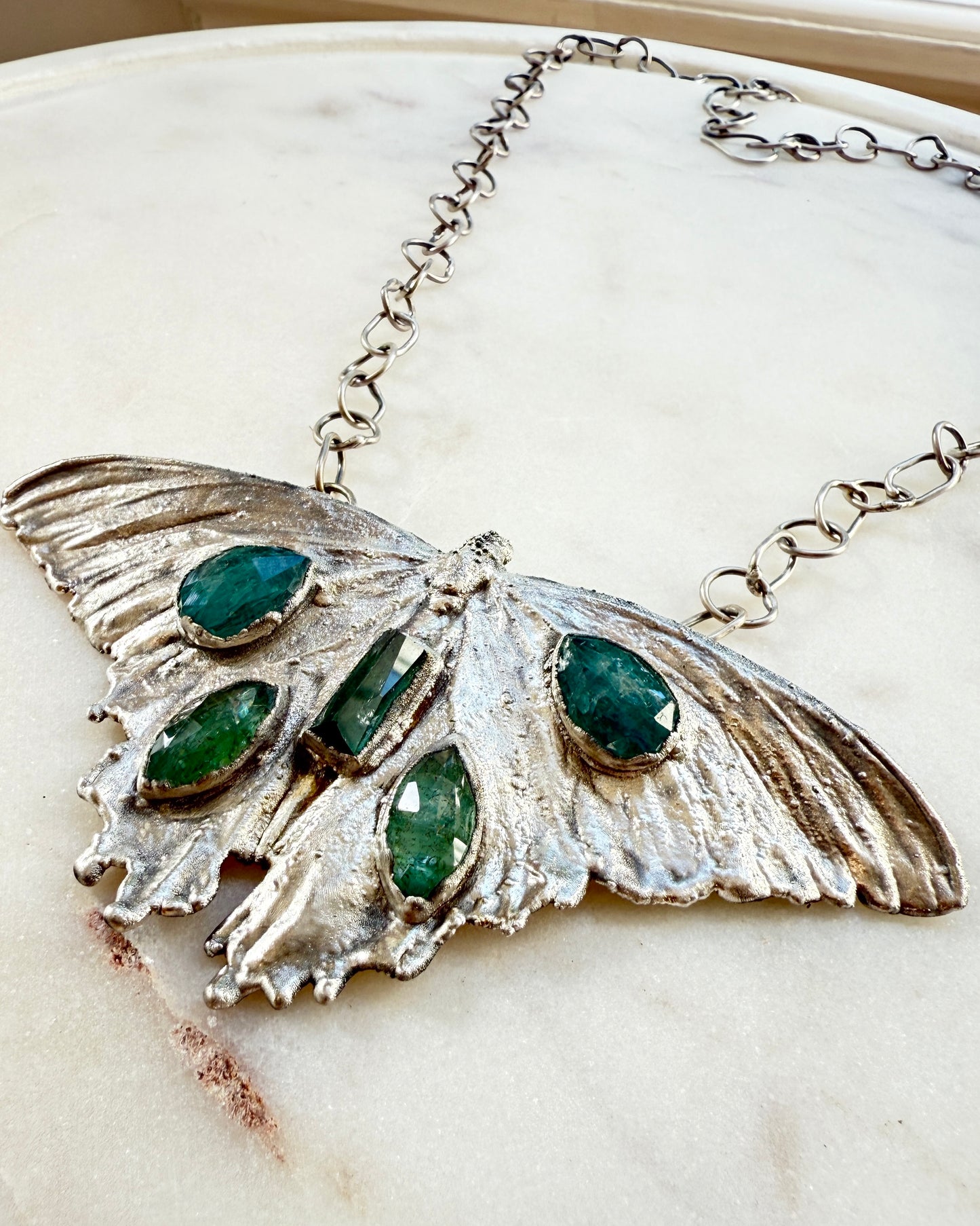 Large Butterfly Necklace — Real Butterfly Electroformed in Silver — Tourmaline & Kyanite