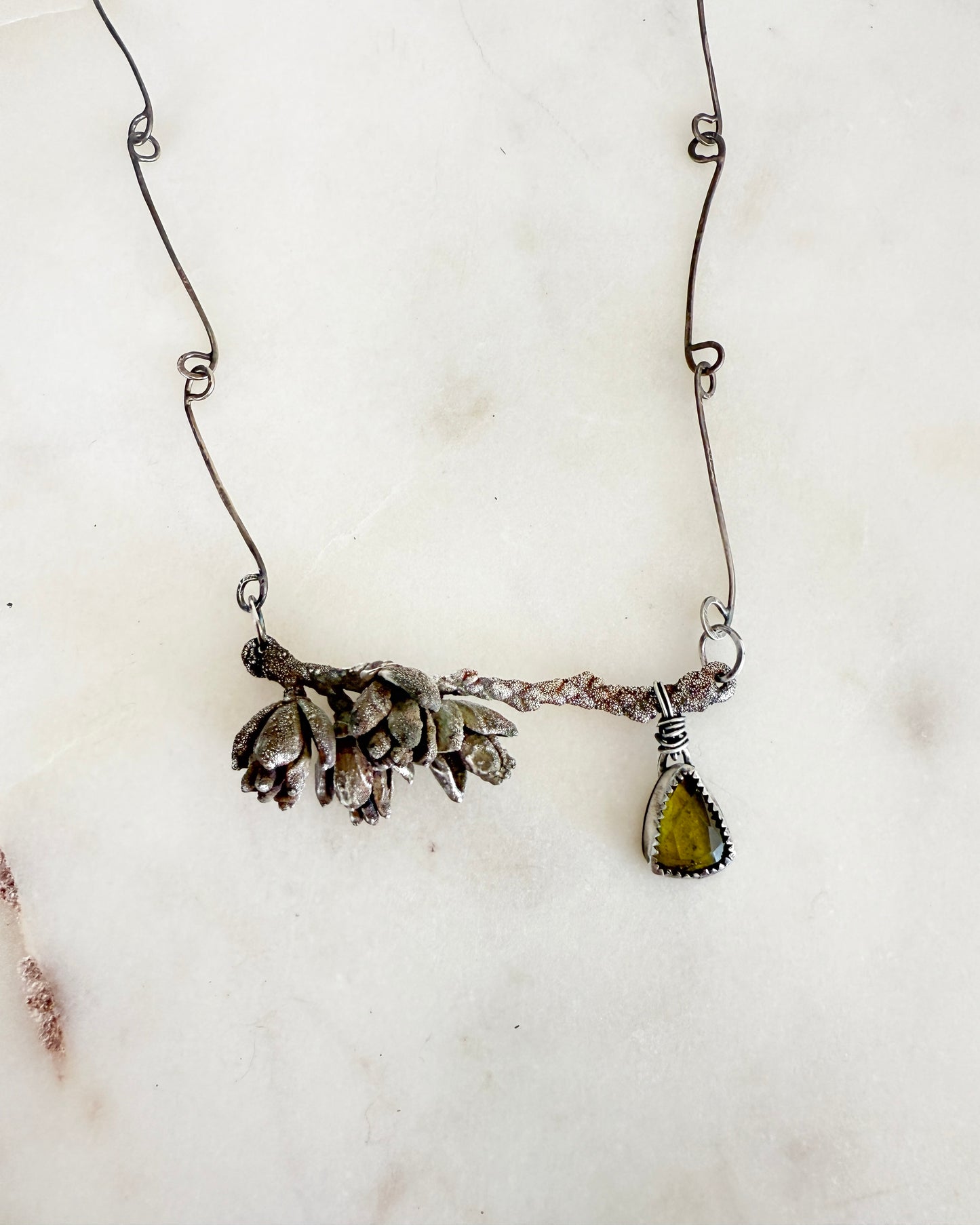Arborvitae Branch Necklace with Tourmaline — Electroformed Silver