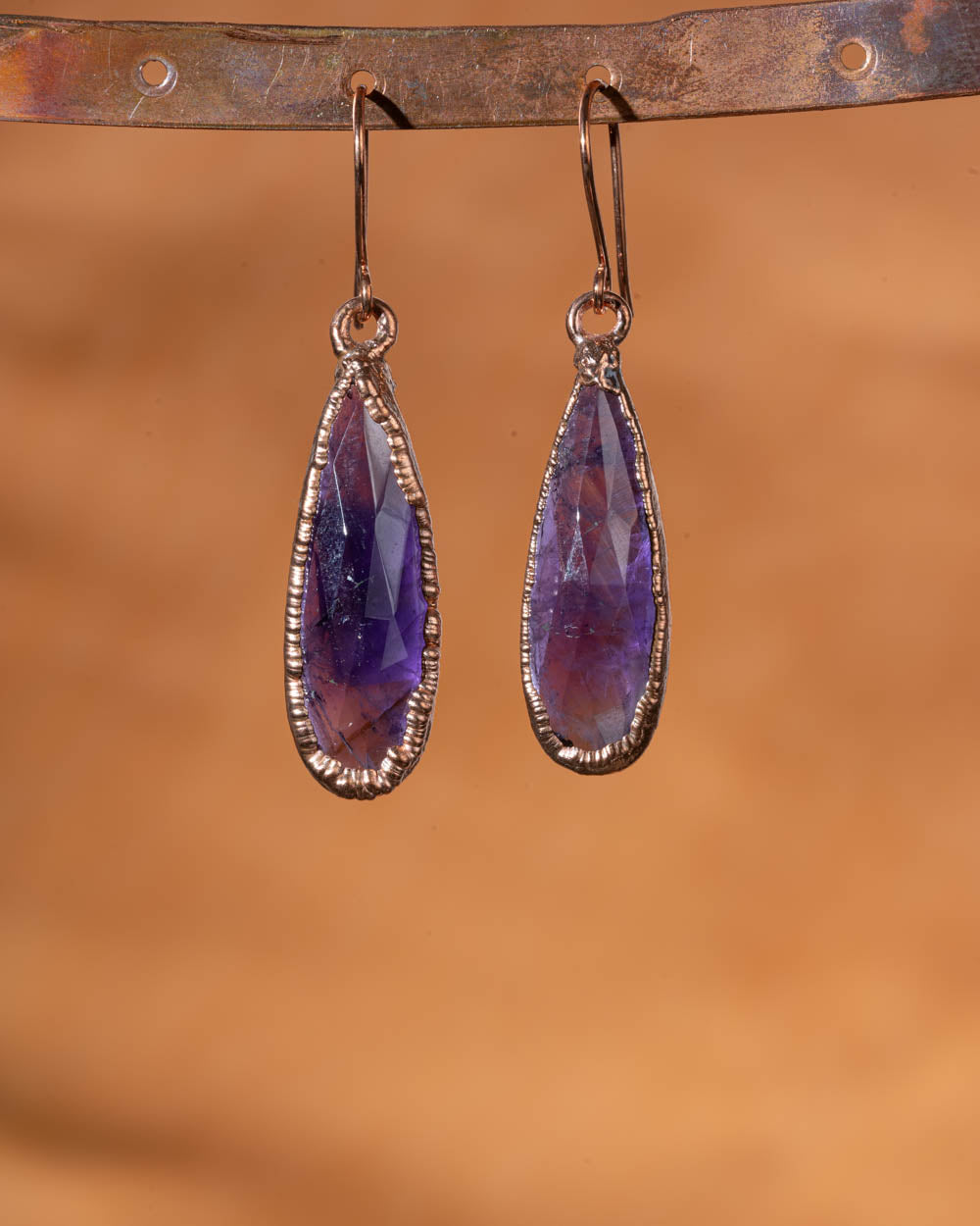 Amethyst Dangle Earrings — Faceted Stone — Electroformed Copper