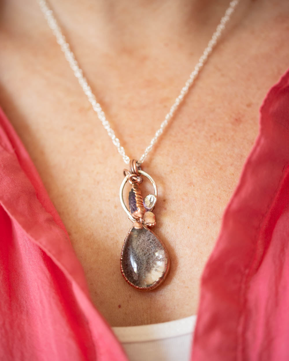 Garden Quartz & Amethyst Leaf Necklace — Copper & Silver