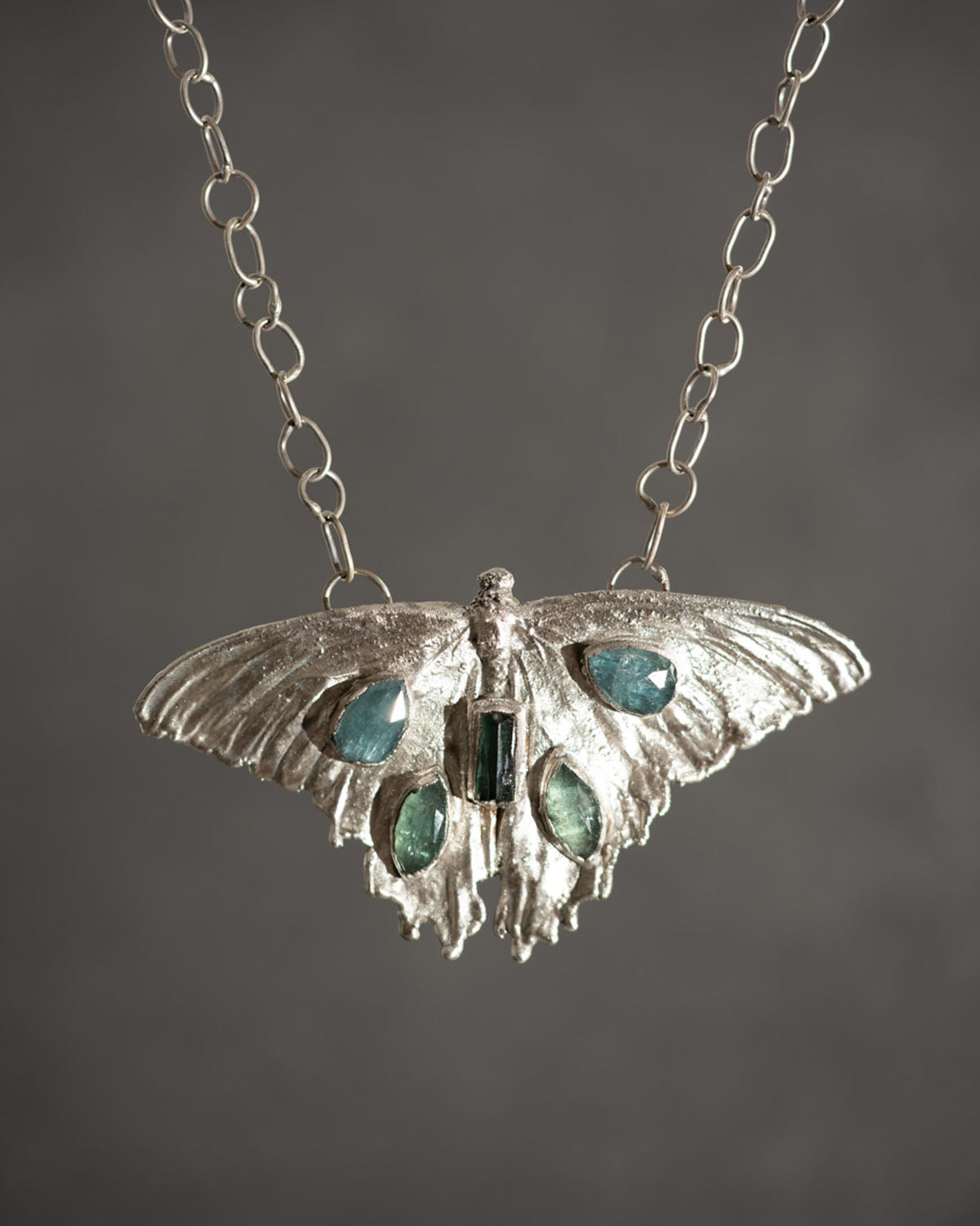Large Butterfly Necklace — Real Butterfly Electroformed in Silver — Tourmaline & Kyanite