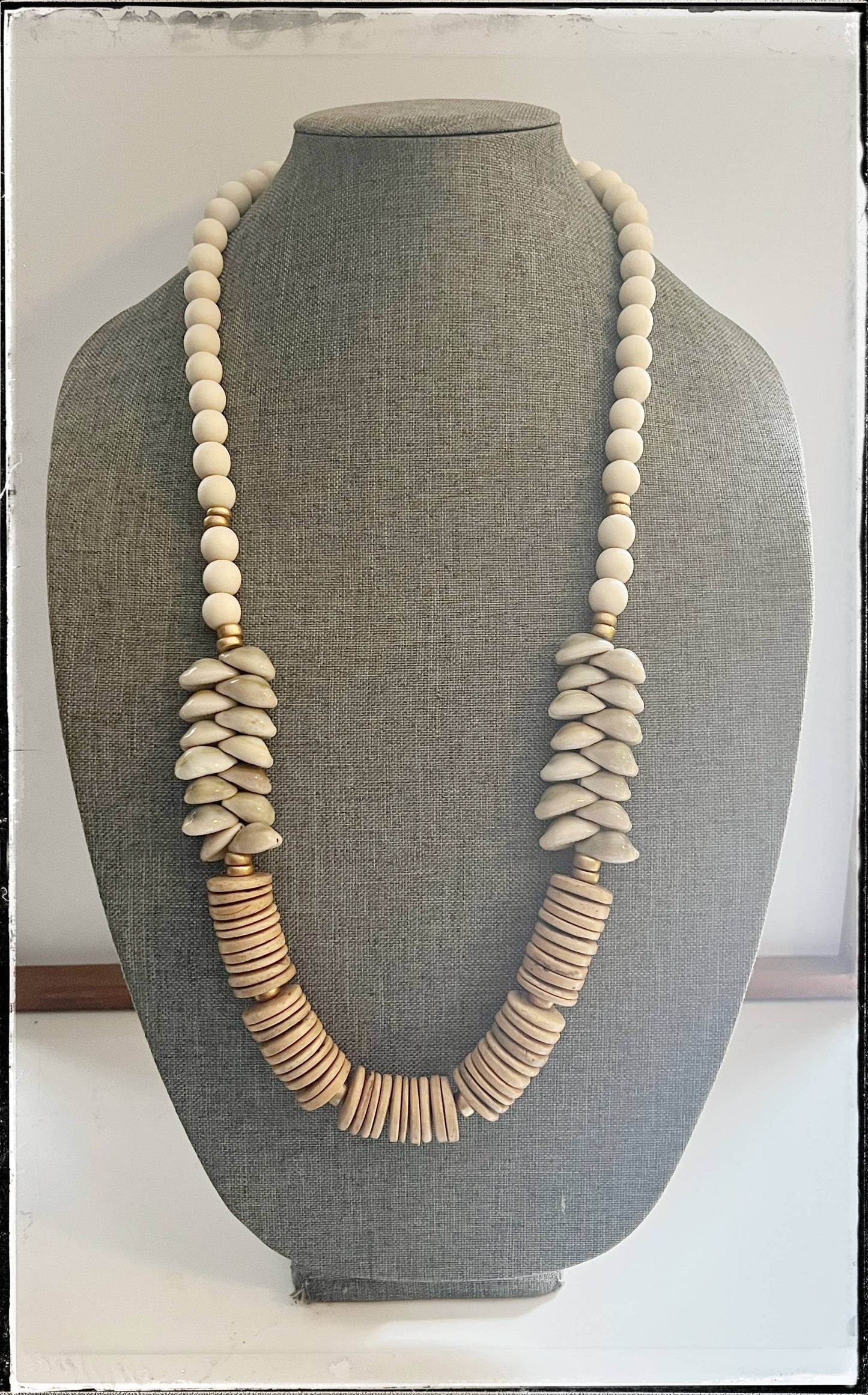White Coconut Wood Round Bead & Cowrie Sea Shell Necklace