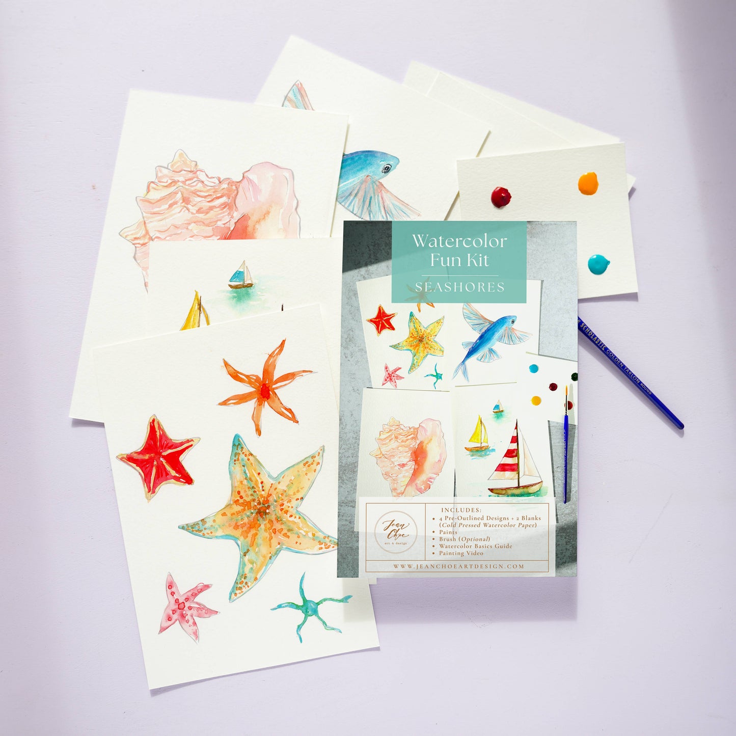 Watercolor Painting Kit: Seashores, Outlined Sea Life & Sail