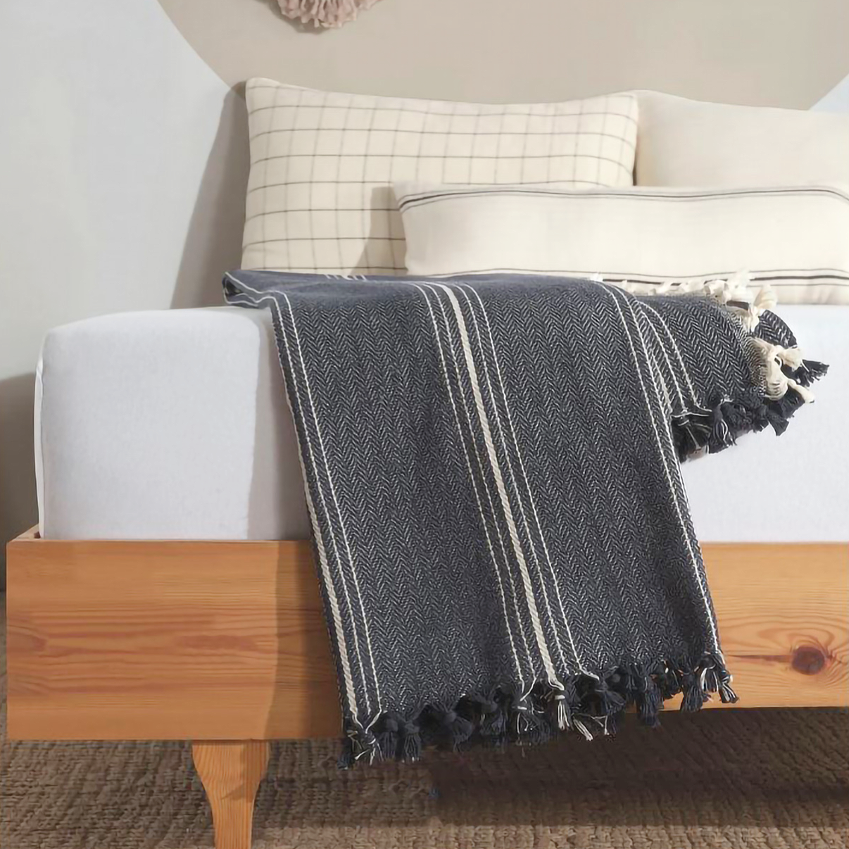 Minimalist Cotton Throw Blanket with Tassels — 100% Cotton | Boho Bed or Couch Throw