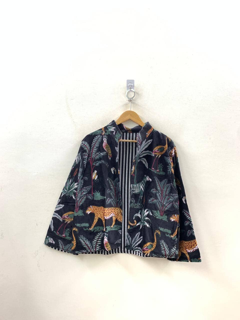 Block-Printed Velvet Jacket — Midnight Black with Wild Safari Motifs