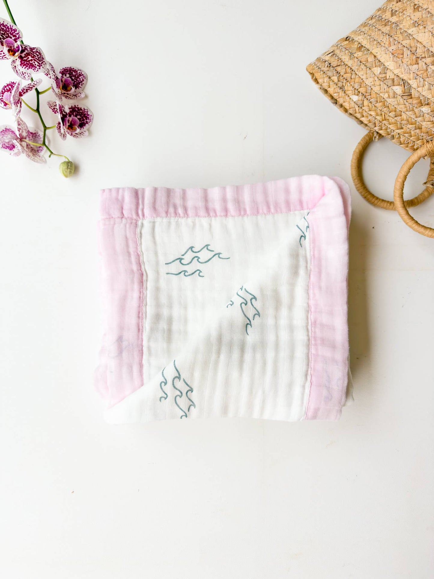 Pink Trim Simple Wave Print 6-Layer Organic Baby Blanket