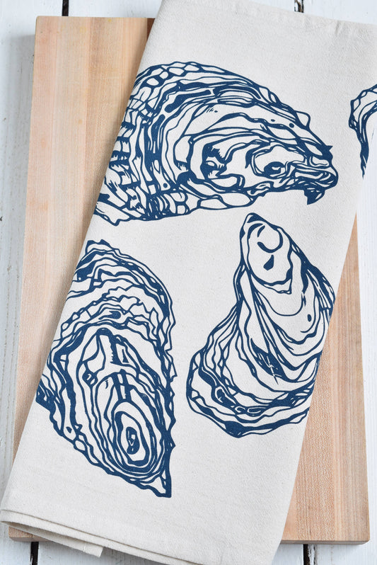 Oyster Organic Cotton Tea Towel — Navy | Hand-Printed Coastal Kitchen Gift