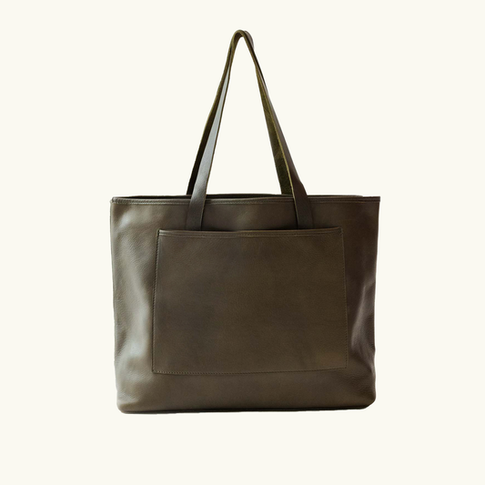 Full-Grain Olive Green Leather Oversized Zipper Tote