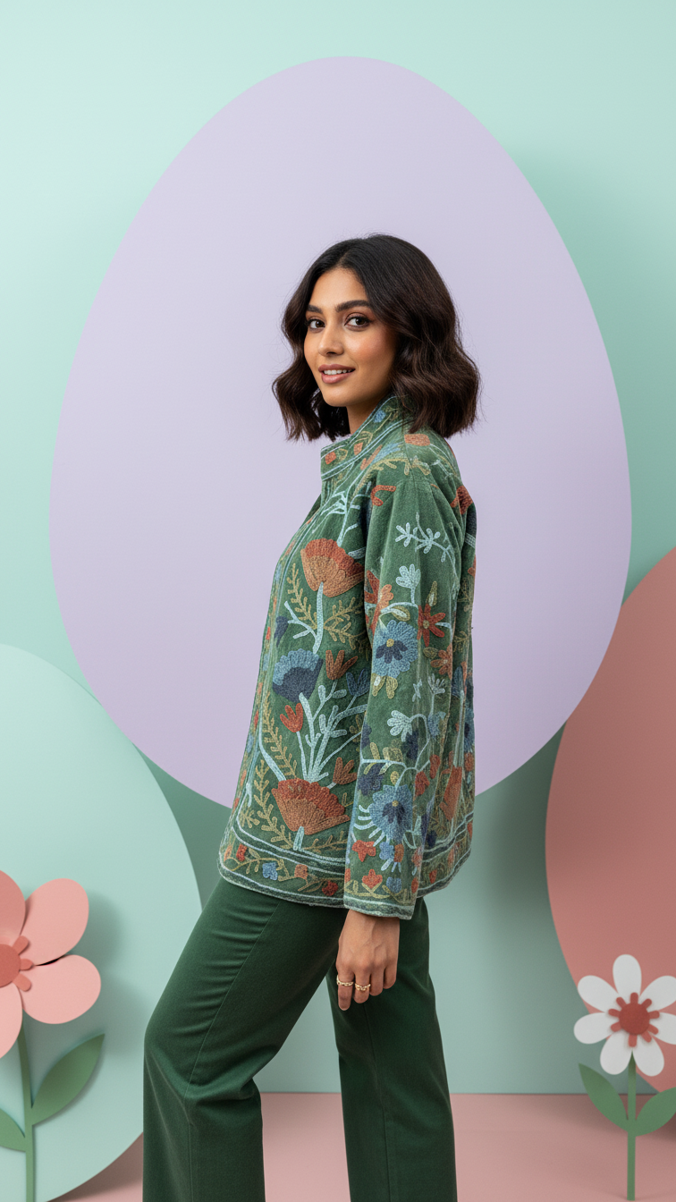Hand Embroidered Velvet Jacket - Green