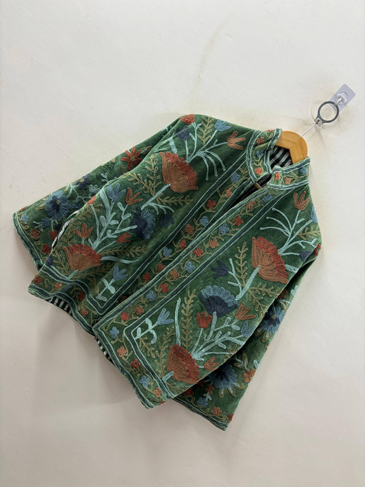 Hand Embroidered Velvet Jacket - Green