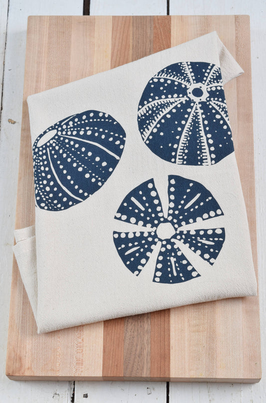 Sea Urchin Organic Cotton Tea Towel — Navy | Hand-Printed Coastal Kitchen Gift