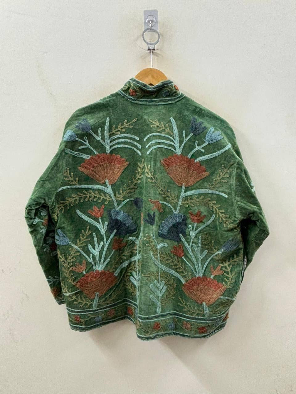 Hand Embroidered Velvet Jacket - Green