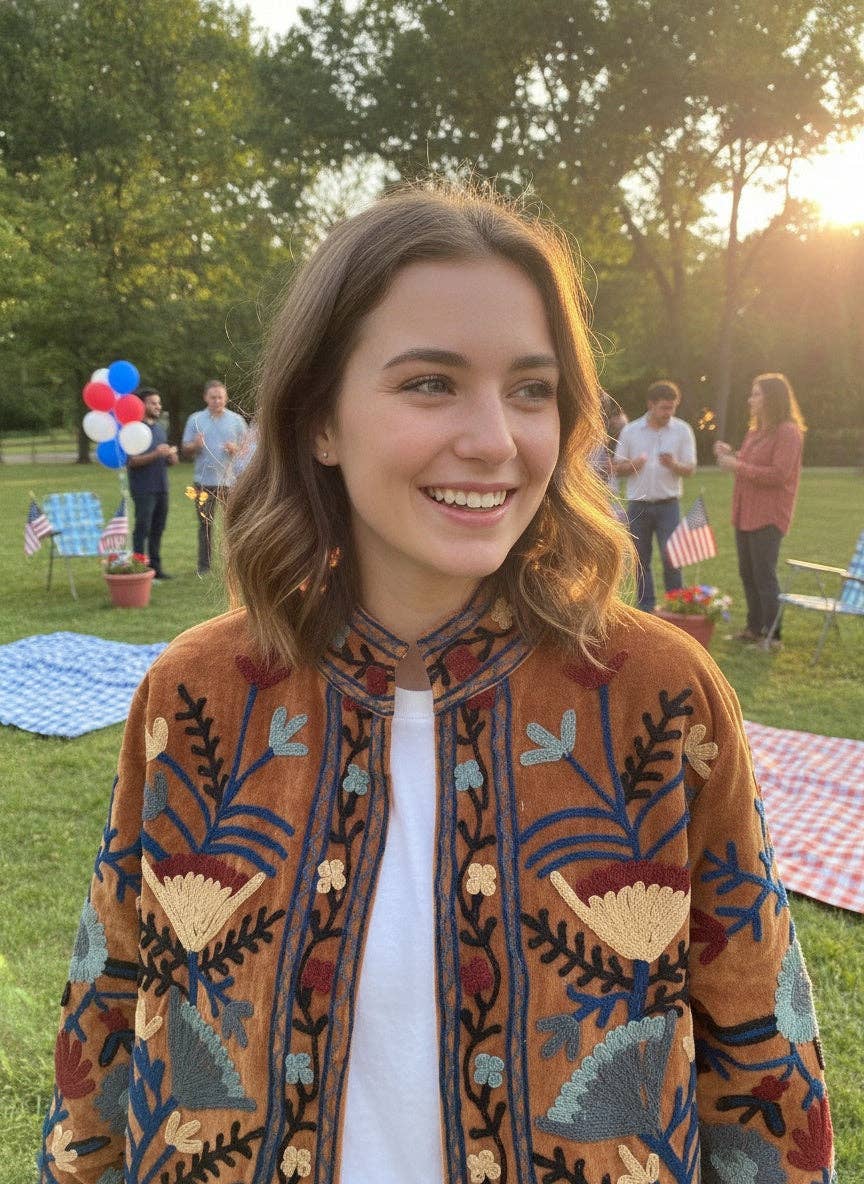 Embroidered Velvet Jacket — Rust
