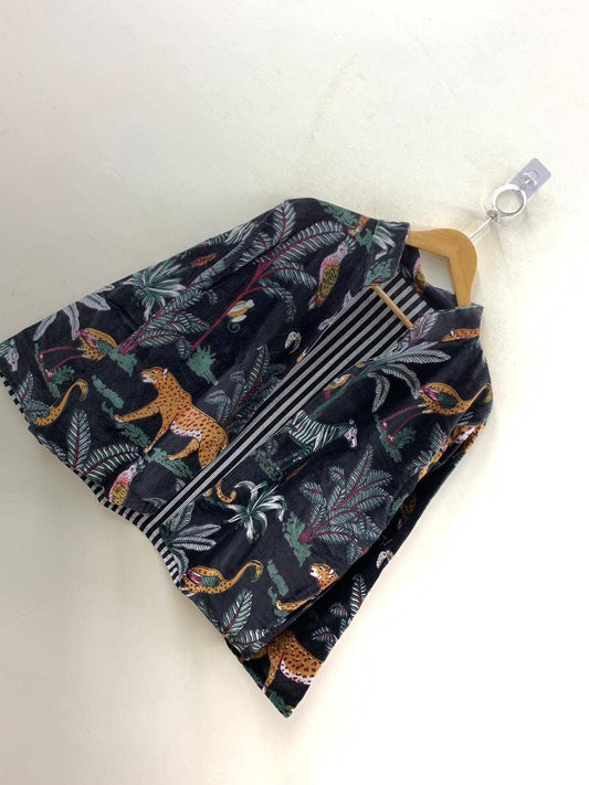 Block-Printed Velvet Jacket — Midnight Black with Wild Safari Motifs