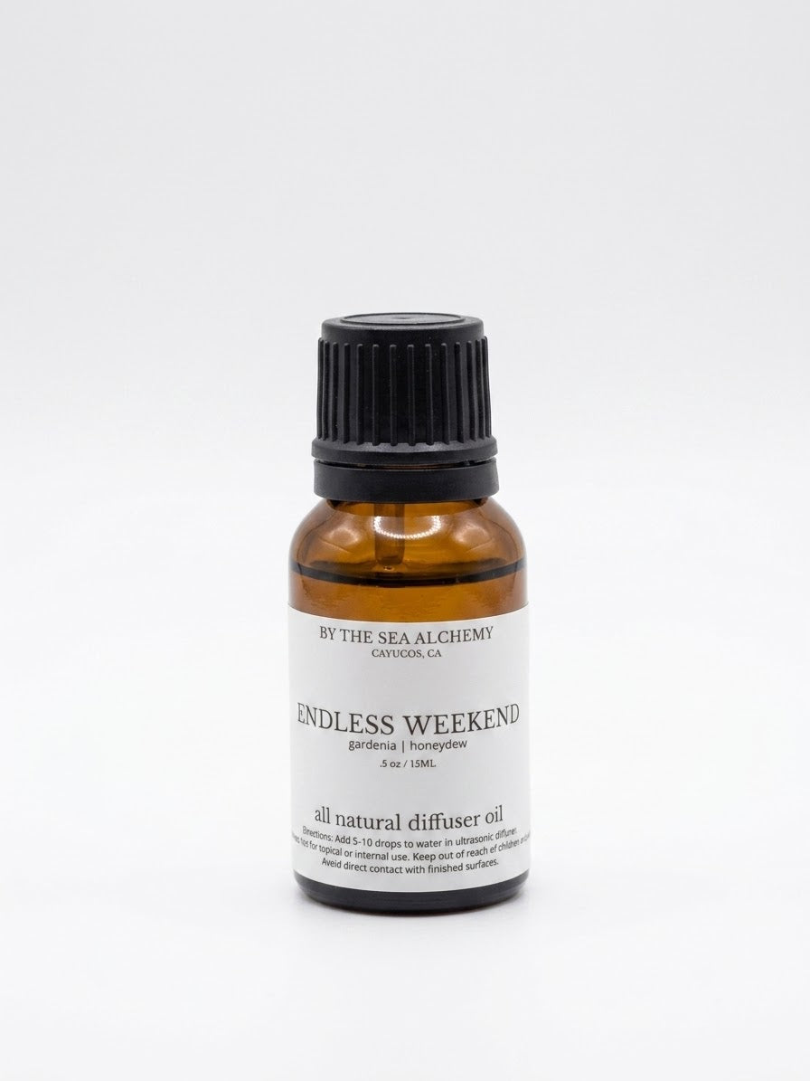 Endless Weekend all natural diffuser oil by By the Sea Alchemy - amber 15ml bottle, gardenia and honeydew
