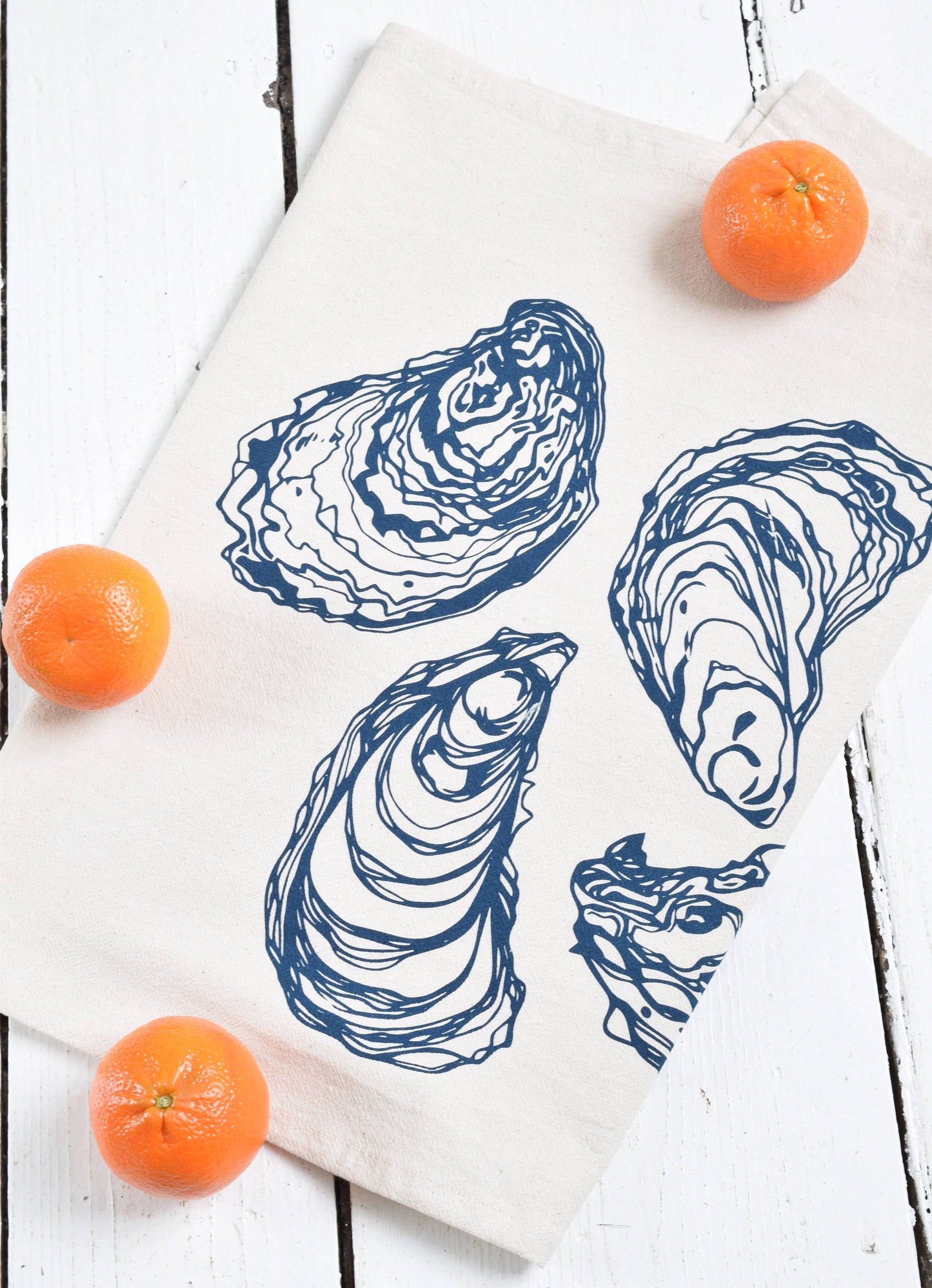 Oyster Organic Cotton Tea Towel — Navy | Hand-Printed Coastal Kitchen Gift