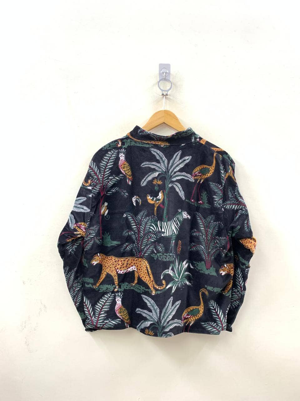 Block-Printed Velvet Jacket — Midnight Black with Wild Safari Motifs