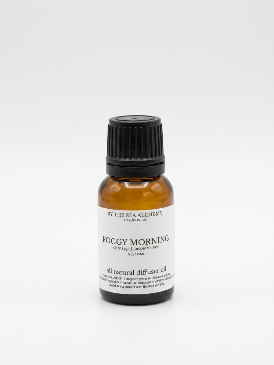 Foggy Morning all natural diffuser oil by By the Sea Alchemy - amber 15ml bottle, clary sage and juniper berries