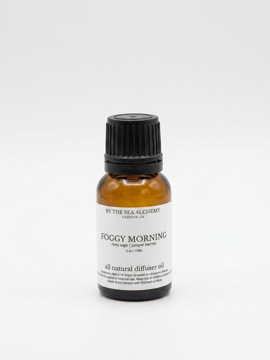 Foggy Morning all natural diffuser oil by By the Sea Alchemy - amber 15ml bottle, clary sage and juniper berries