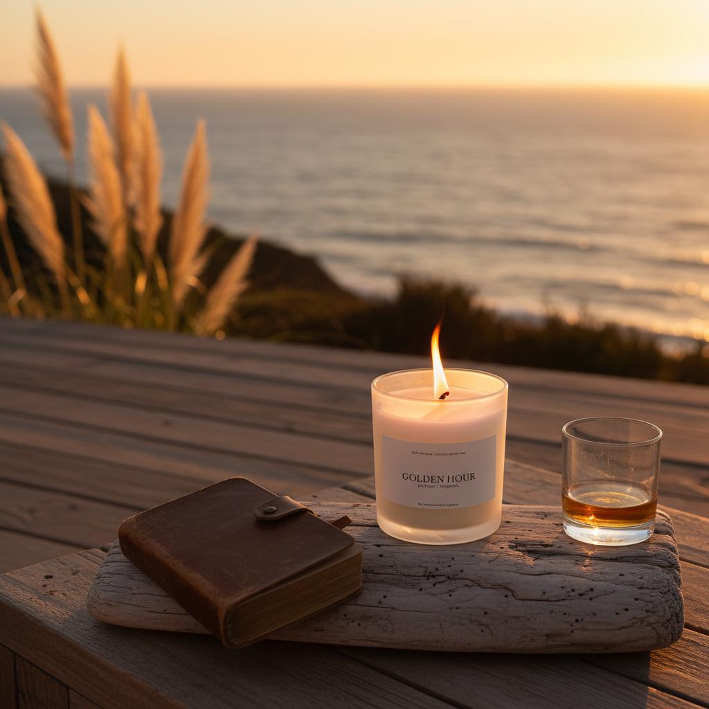 Golden Hour candle lifestyle — cliffside sunset Central Coast