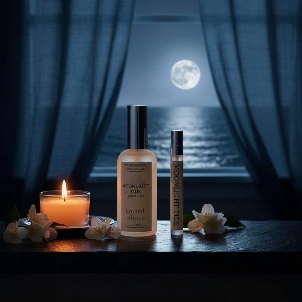 Moonlight Tide mist lifestyle — candlelit coastal bedroom