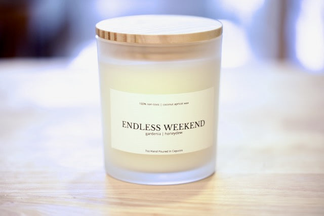 Endless Weekend 7oz coconut apricot wax candle in frosted glass with wood lid, gardenia and honeydew, hand poured in Cayucos