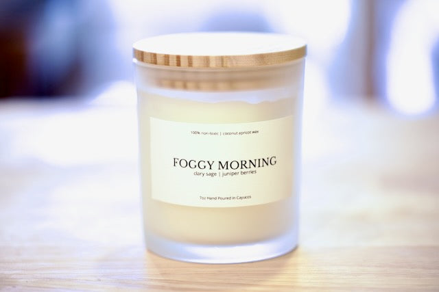 Foggy Morning 7oz coconut apricot wax candle in frosted glass with wood lid, clary sage and juniper berries, hand poured in Cayucos