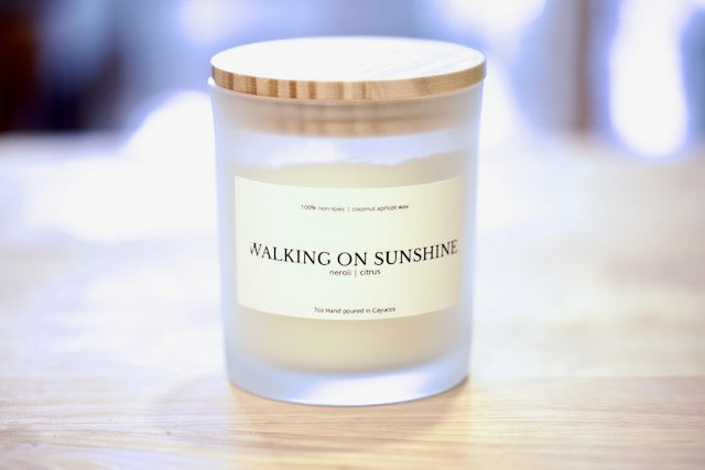 Walking on Sunshine 7oz coconut apricot wax candle in frosted glass with wood lid, neroli and citrus, hand poured in Cayucos