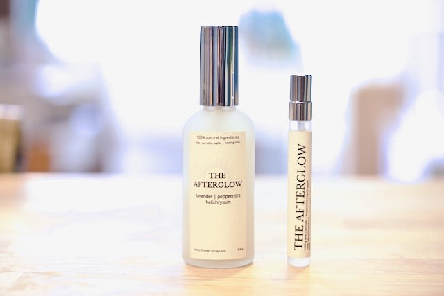 The Afterglow after-sun botanical mist with lavender, peppermint and helichrysum, 3.4oz ritual bottle and 10ml travel size, hand poured in Cayucos