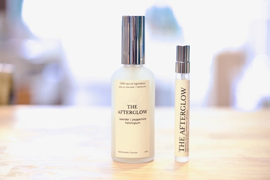 The Afterglow after-sun botanical mist with lavender, peppermint and helichrysum, 3.4oz ritual bottle and 10ml travel size, hand poured in Cayucos